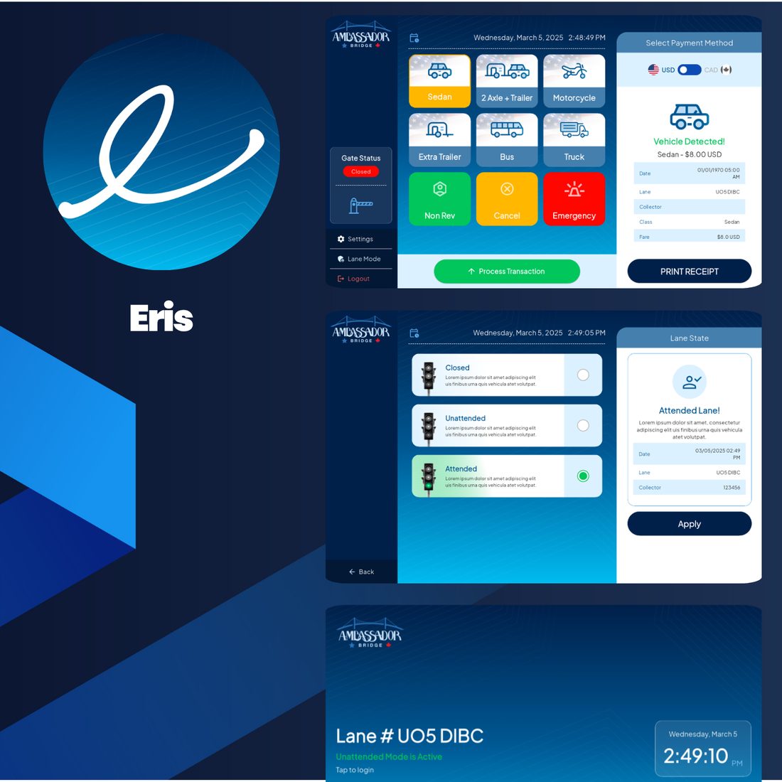 Eris plaza console: vehicle class selection across sedan, two-axle trailer, motorcycle, extra trailer, bus and truck; gate status; lane mode between closed, unattended and attended; USD and CAD fare with receipt printing; and the lane signboard display.