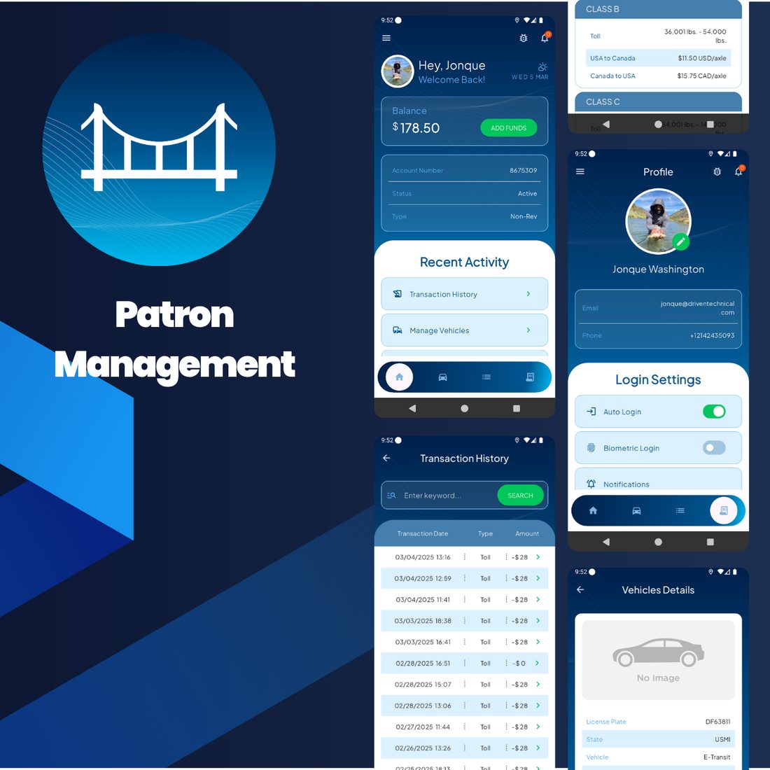Ambassador Bridge patron app: account balance, account number and status, recent activity, transaction history and vehicle management.