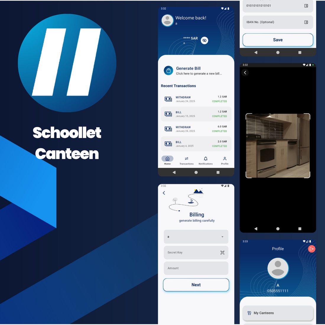 Schoollet canteen app: till screen, billing and the transaction ledger.