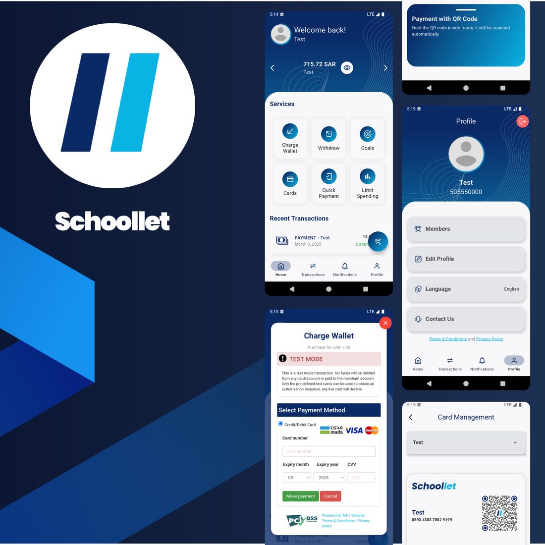 Schoollet parent app: wallet balance in Saudi riyals, service tiles for charging the wallet and limiting spending, and a Telr card-payment sheet.